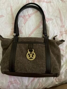 Wool-Blend Brown Tote with Leather Trim and Gold Accent